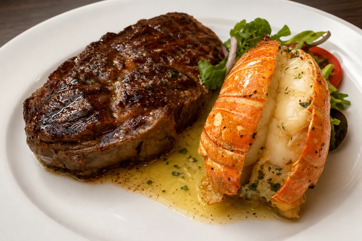 Chargrilled steak with a split lobster tail and salad garnish