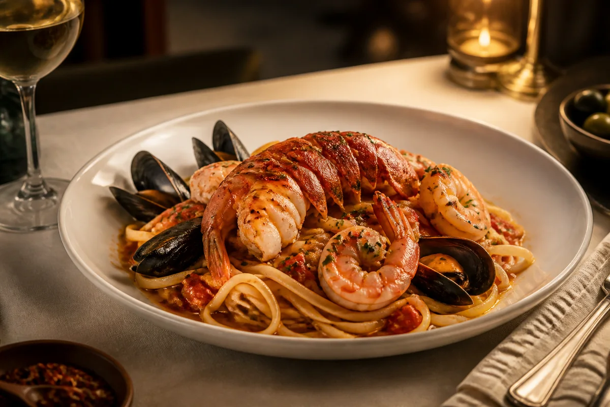Seafood linguine with lobster, king prawns and mussels